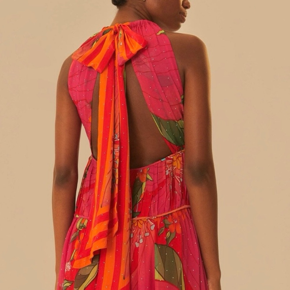 NEW FARM Rio Red Pietra Floral Sleeveless Maxi Dress Chiffon Rhinestones Size XL - Picture 4 of 16